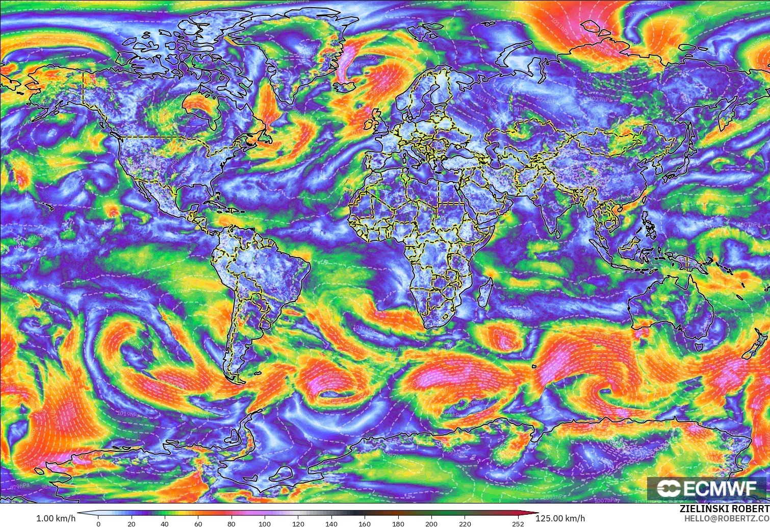ECMWF IFS 0.25° modelo - Mundo, Ráfagas de Viento Máximas