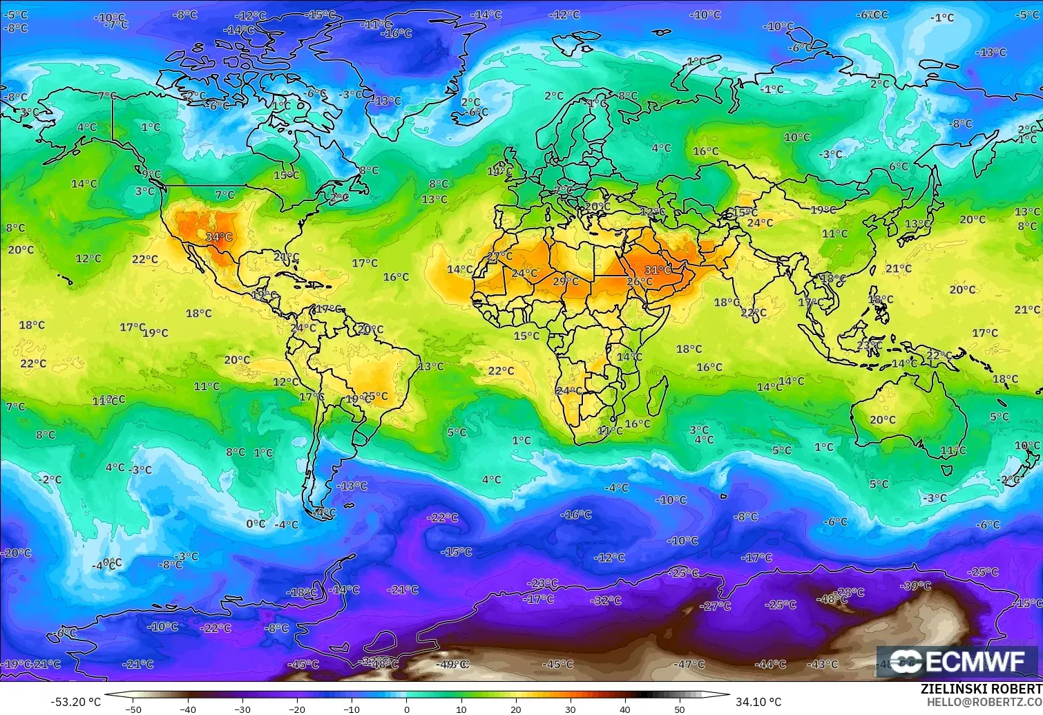 ECMWF IFS 0.25° modelo - Mundo, Temperatura a 850 hPa