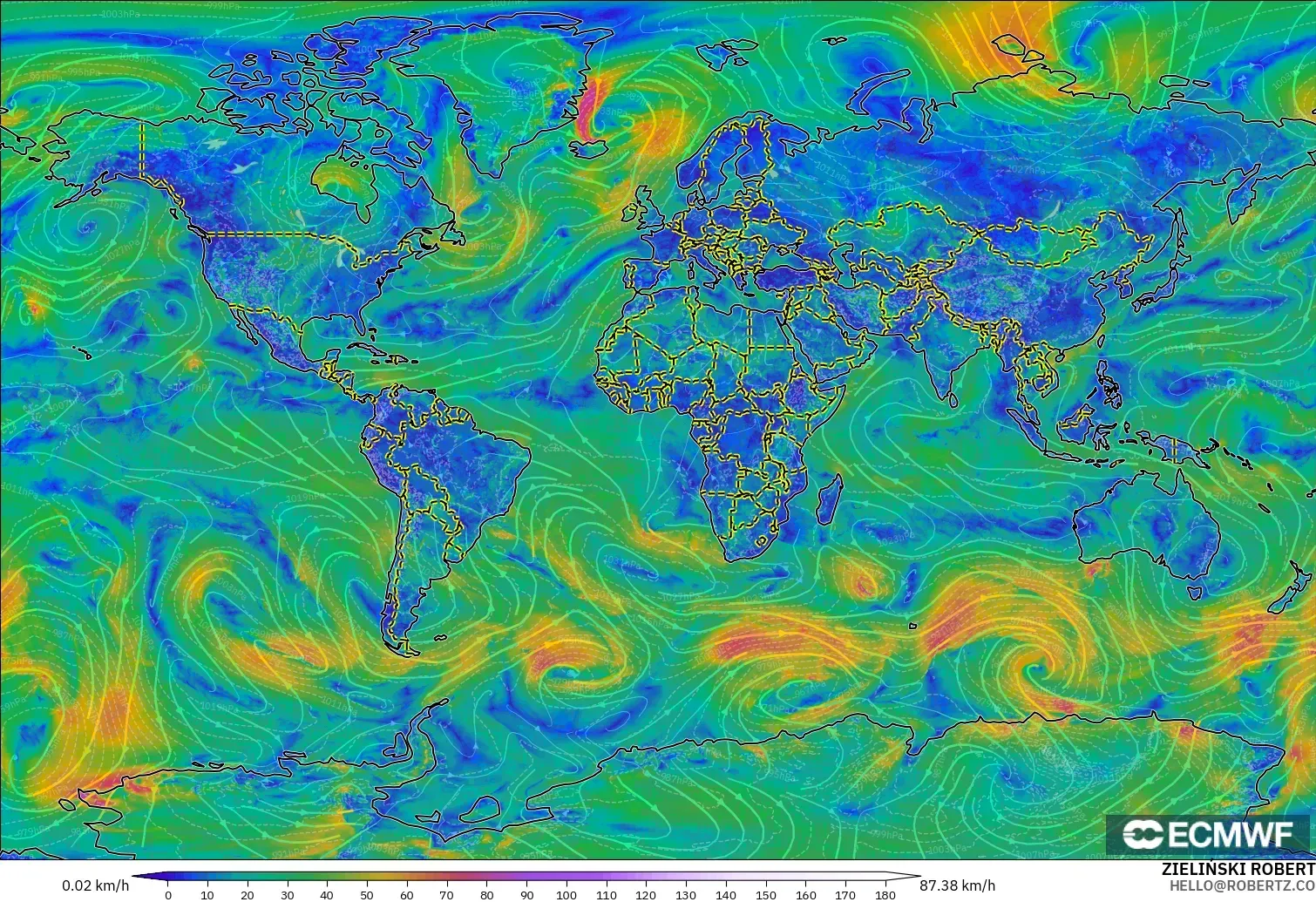ECMWF IFS 0.25° modelo - Mundo, Viento a 10 m