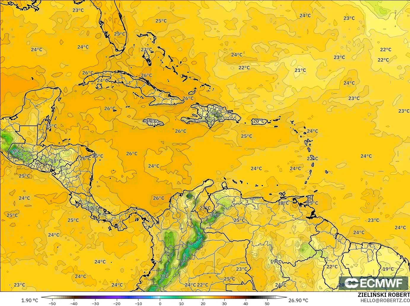 ECMWF IFS 0.25° modelo - Caribe, Punto de rocío a 2 m