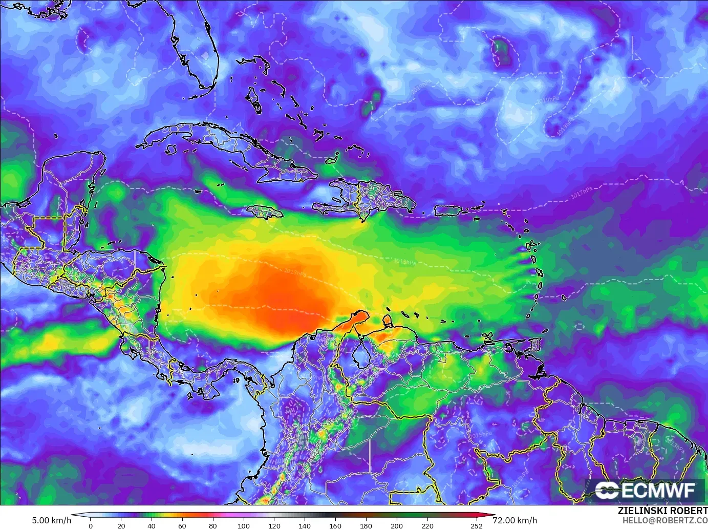 ECMWF IFS 0.25° modelo - Caribe, Ráfagas de viento
