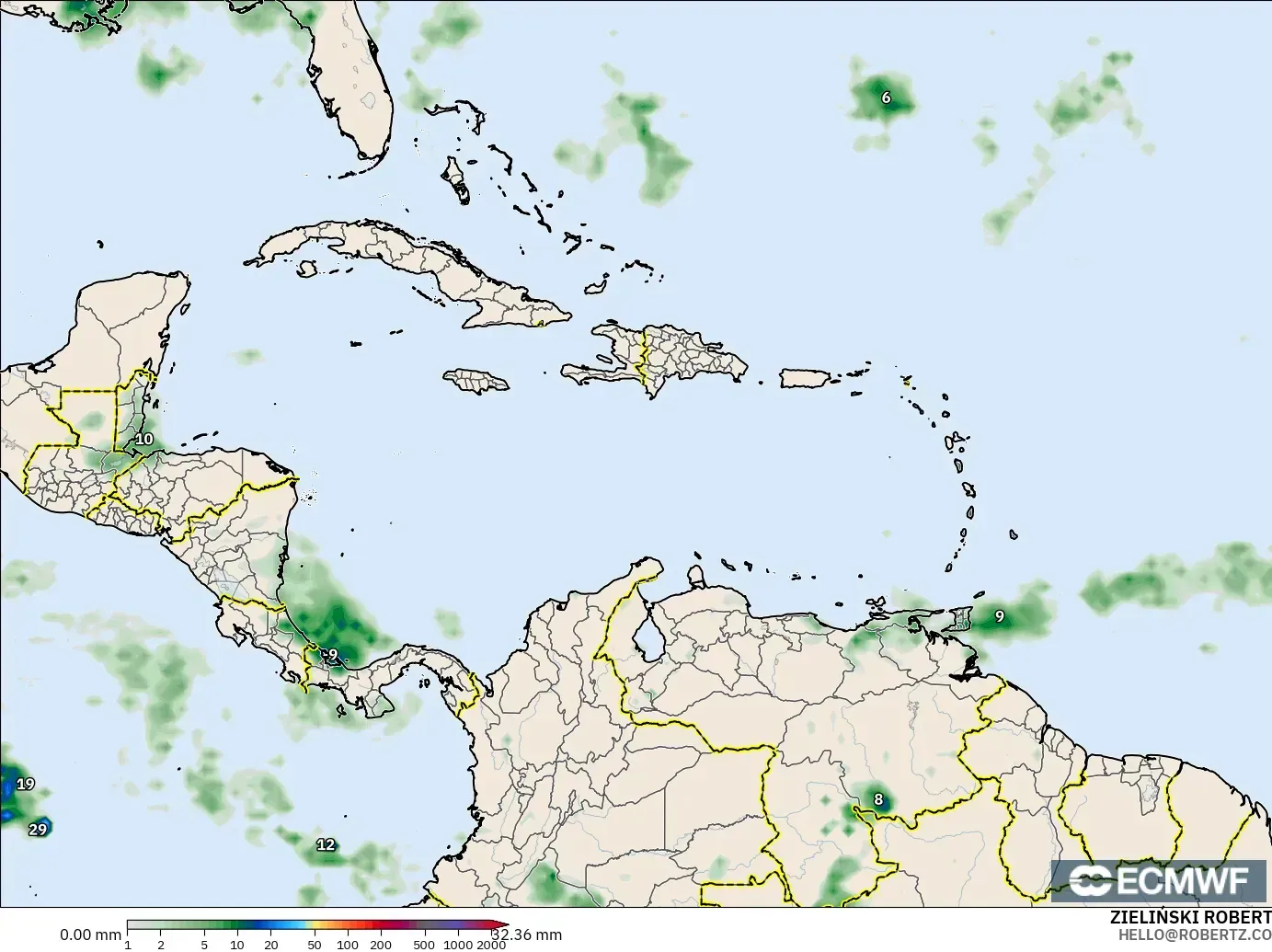 ECMWF IFS 0.25° modelo - Caribe, Acumulación de precipitación