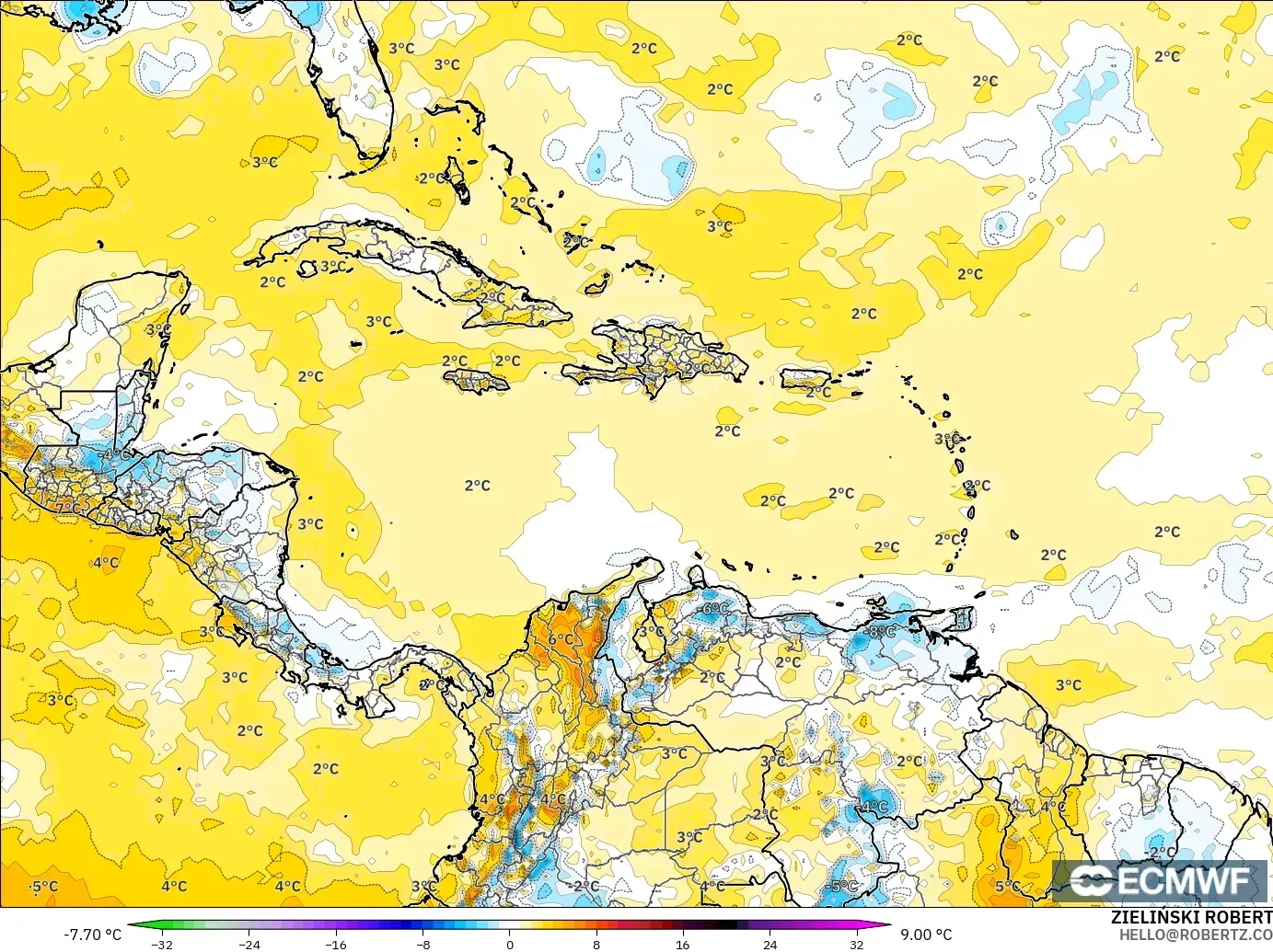 ECMWF IFS 0.25° modelo - Caribe, Anomalía de temperatura a 2 m