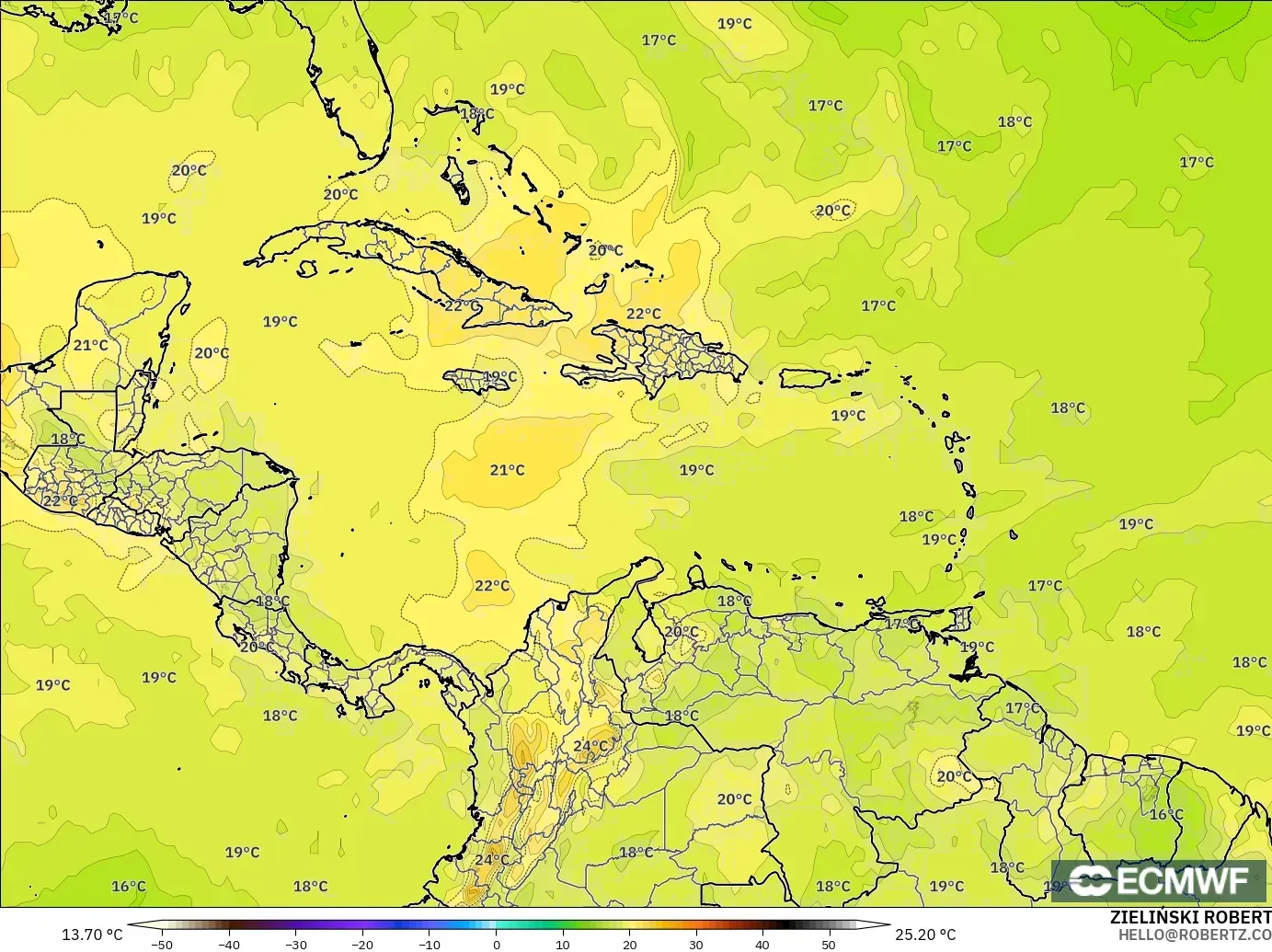 ECMWF IFS 0.25° modelo - Caribe, Temperatura a 850 hPa