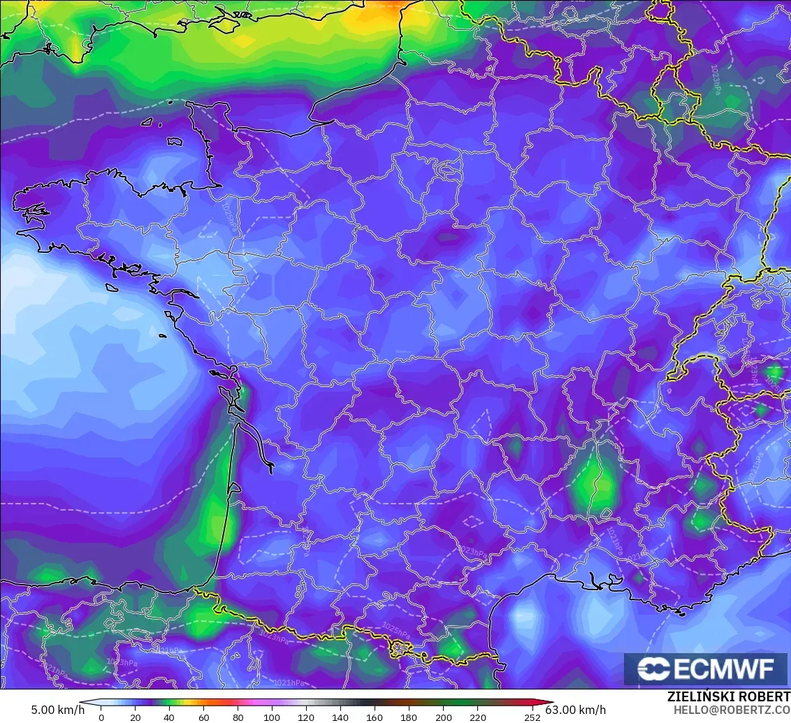 ECMWF IFS 0.25° modelo - Francia, Ráfagas de viento