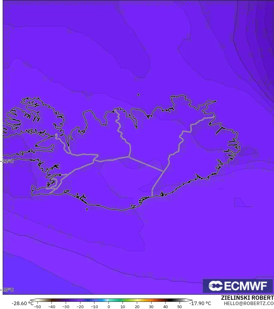 ECMWF IFS 0.25° modelo - Islandia, Temperatura a 500 hPa