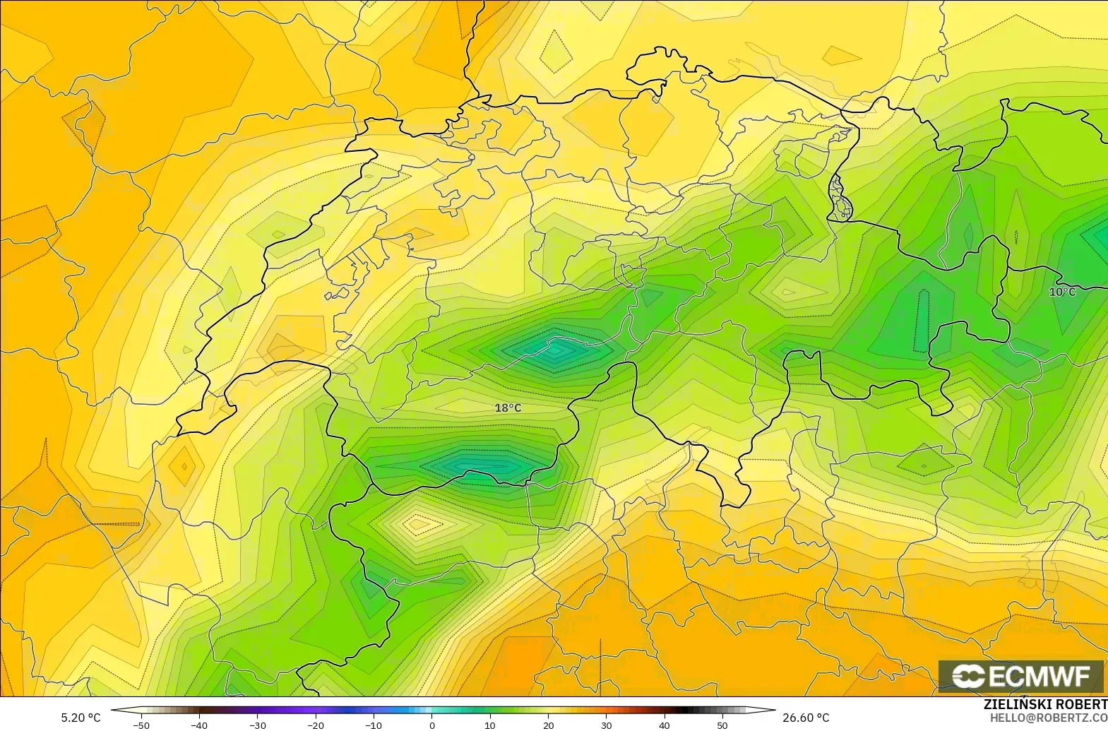 ECMWF IFS 0.25° modelo - Suiza, Temperatura a 2 m