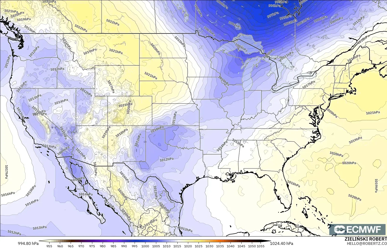 ECMWF IFS 0.25° modelo - Estados Unidos, Presión