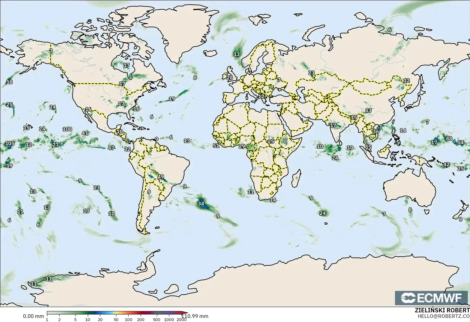 ECMWF IFS 0.25° modelo - Mundo, Acumulación de precipitación