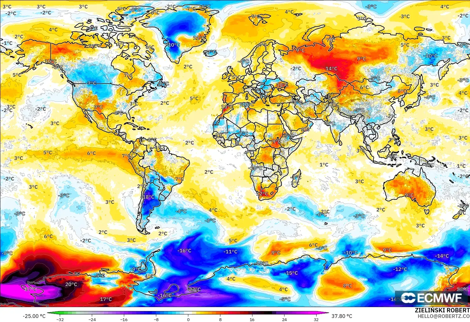 ECMWF IFS 0.25° modelo - Mundo, Anomalía de temperatura a 2 m