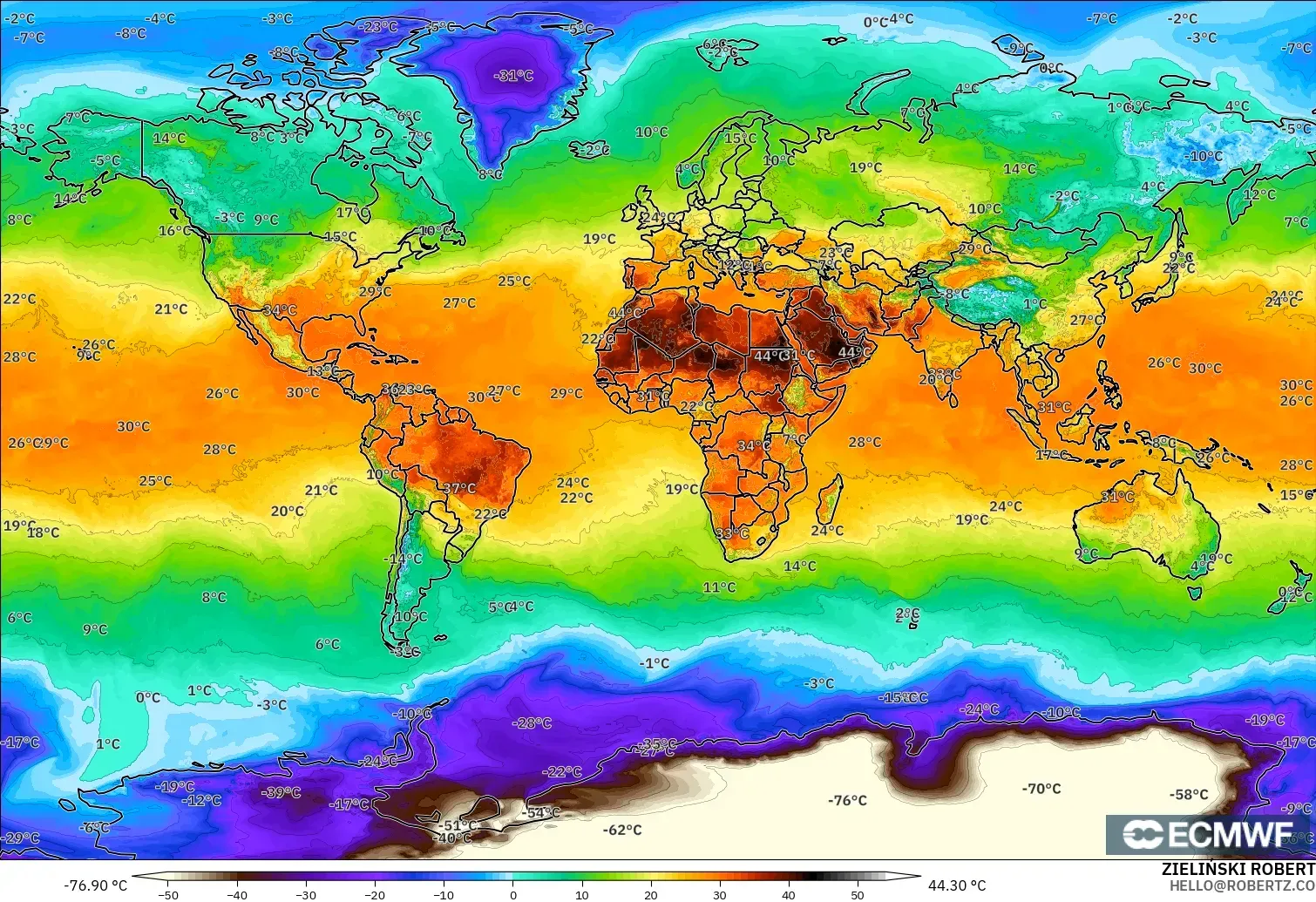 ECMWF IFS 0.25° modelo - Mundo, Temperatura a 2 m