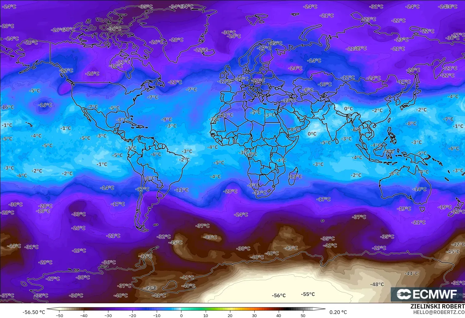 ECMWF IFS 0.25° modelo - Mundo, Temperatura a 500 hPa