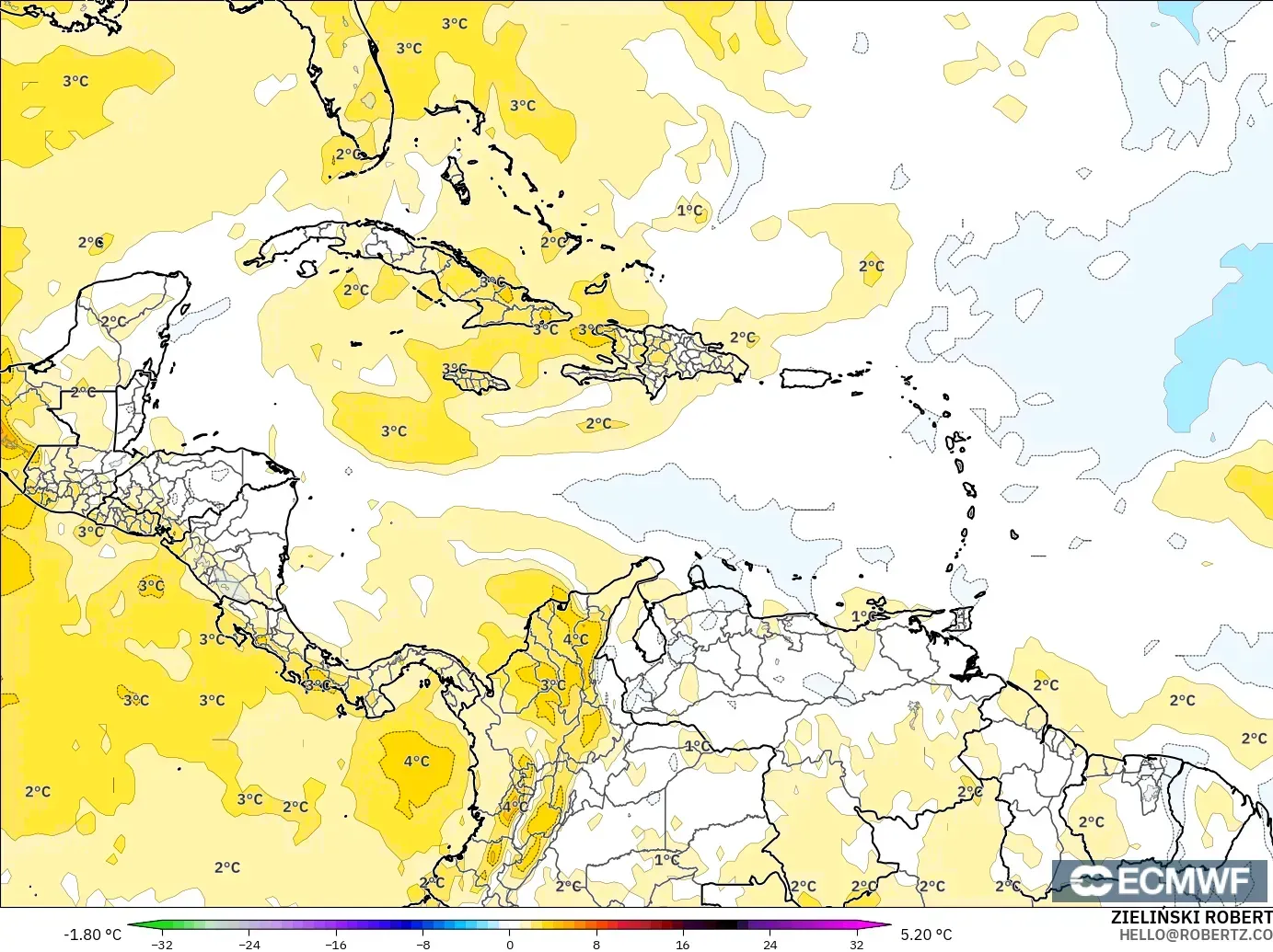 ECMWF IFS 0.25° modelo - Caribe, Anomalía de temperatura a 850 hPa