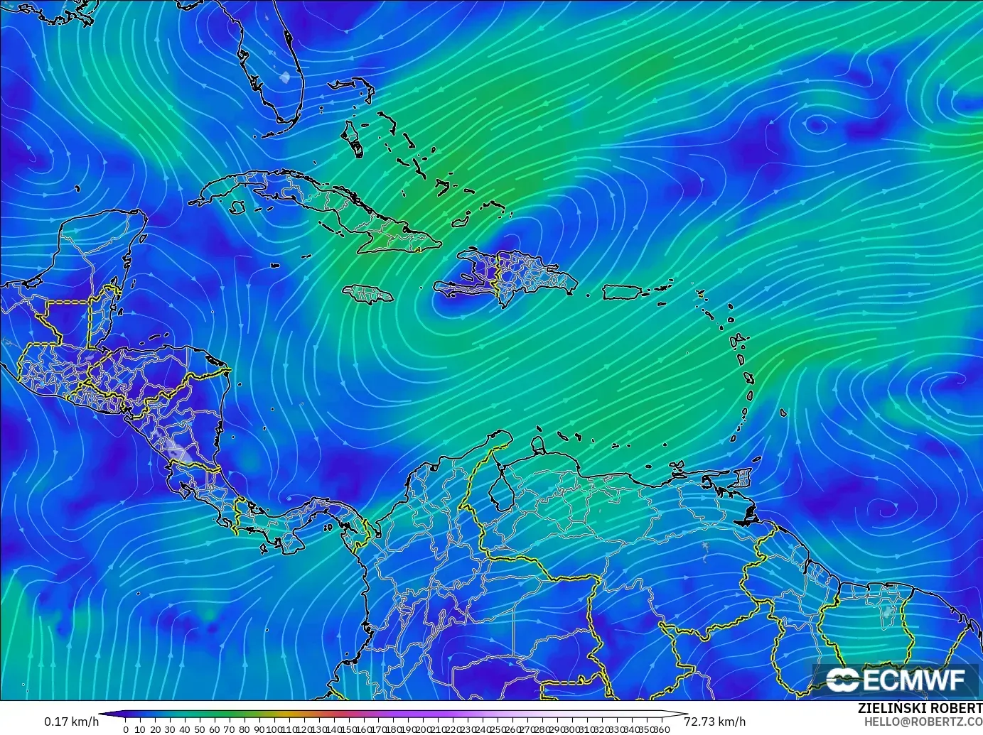 ECMWF IFS 0.25° modelo - Caribe, Viento a 300 hPa (corriente en chorro)