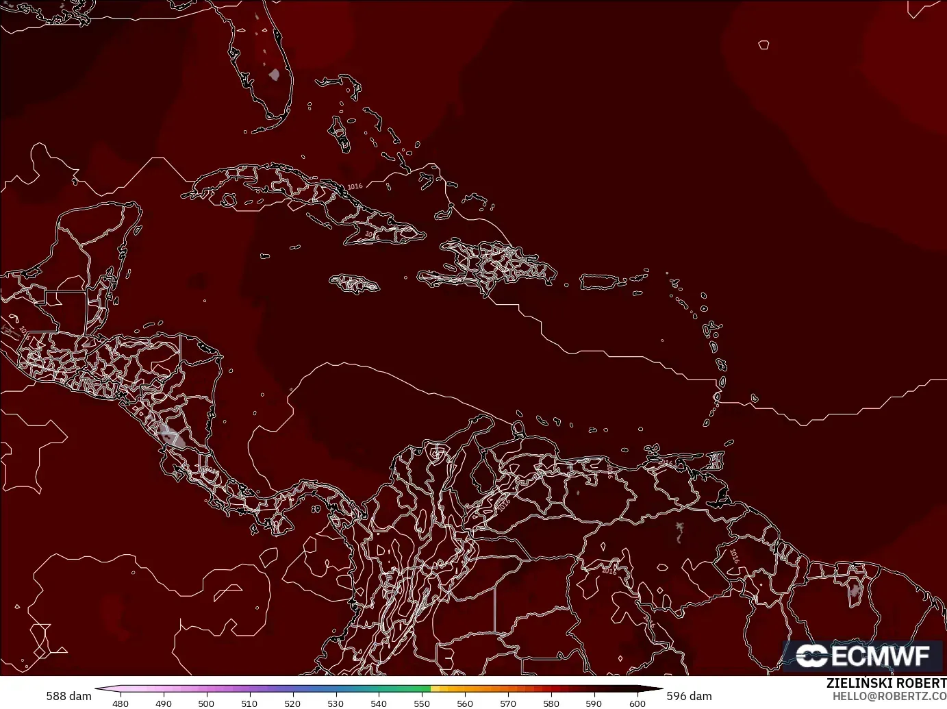 ECMWF IFS 0.25° modelo - Caribe, Altura geopotencial a 500 hPa