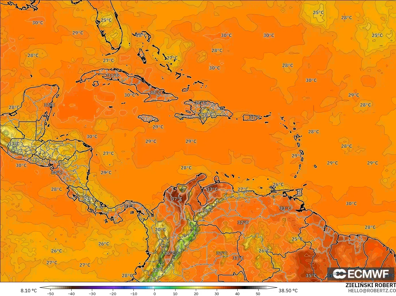 ECMWF IFS 0.25° modelo - Caribe, Temperatura a 2 m