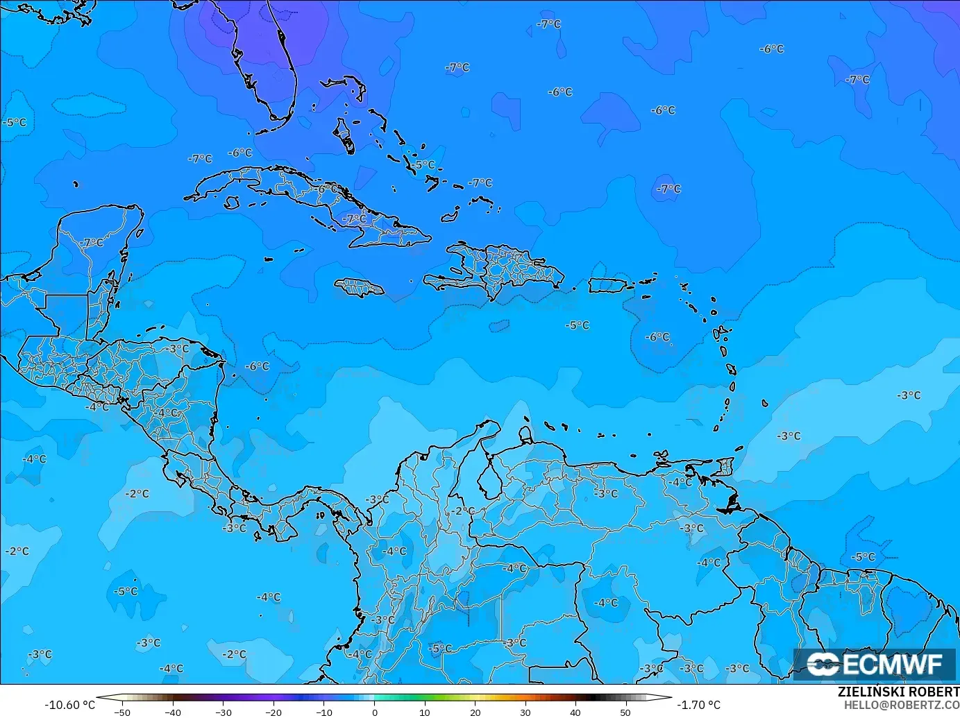 ECMWF IFS 0.25° modelo - Caribe, Temperatura a 500 hPa