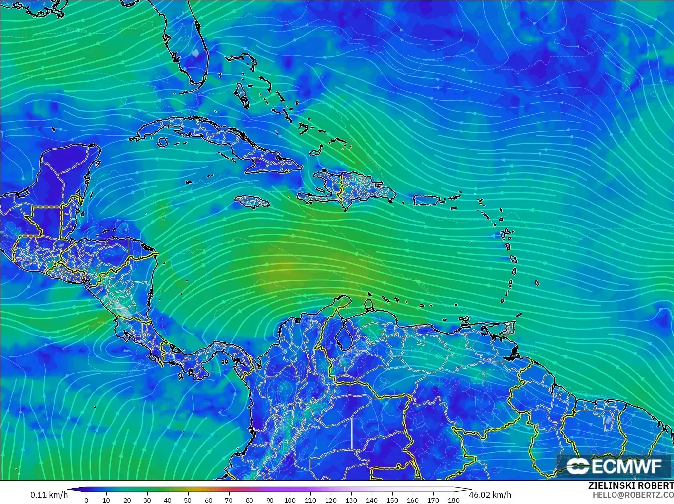 ECMWF IFS 0.25° modelo - Caribe, Viento a 10 m