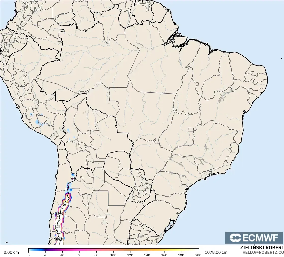 ECMWF IFS 0.25° modelo - Brasil, Profundidad de nieve