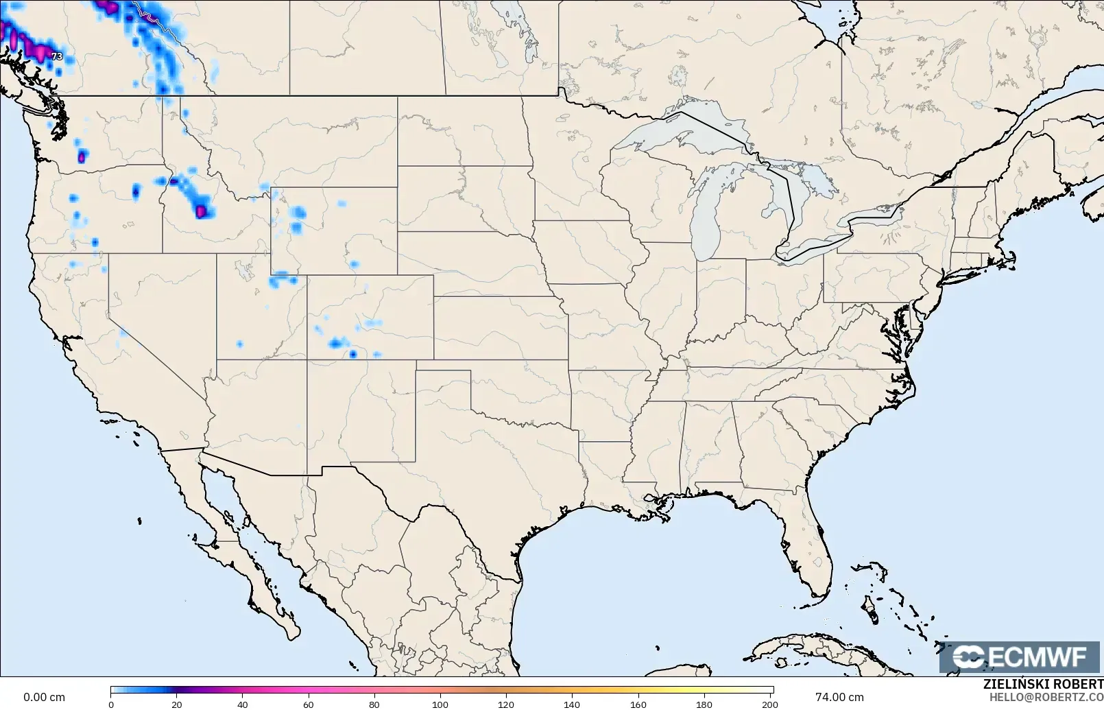 ECMWF IFS 0.25° modelo - Estados Unidos, Profundidad de nieve