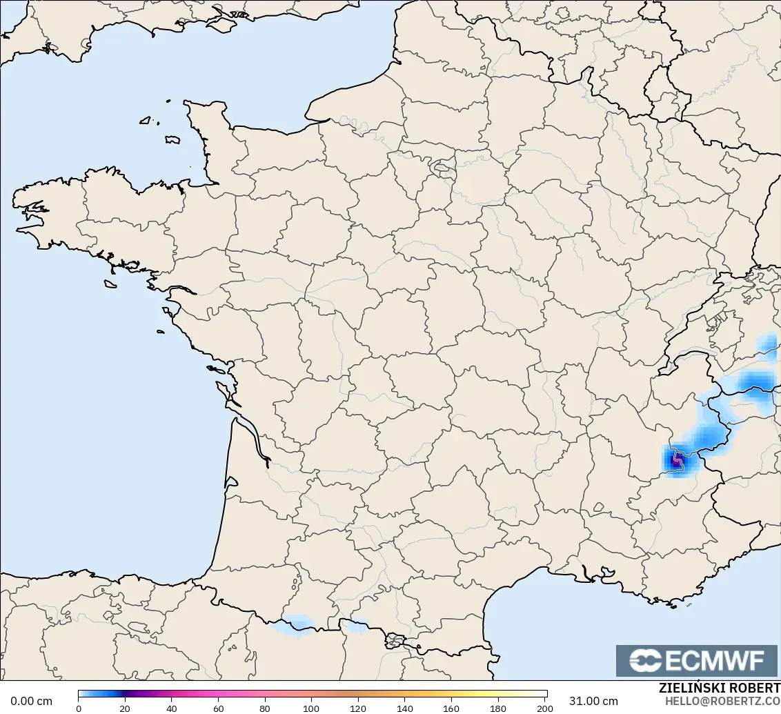ECMWF IFS 0.25° modelo - Francia, Profundidad de nieve