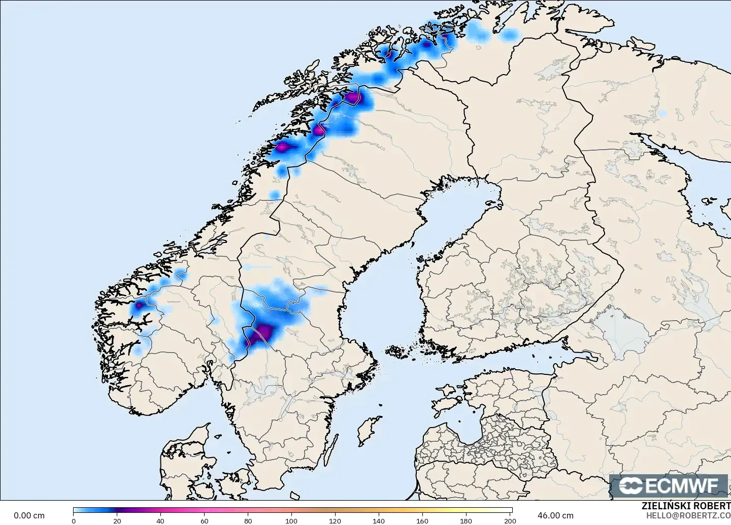 ECMWF IFS 0.25° modelo - Escandinavia, Profundidad de nieve