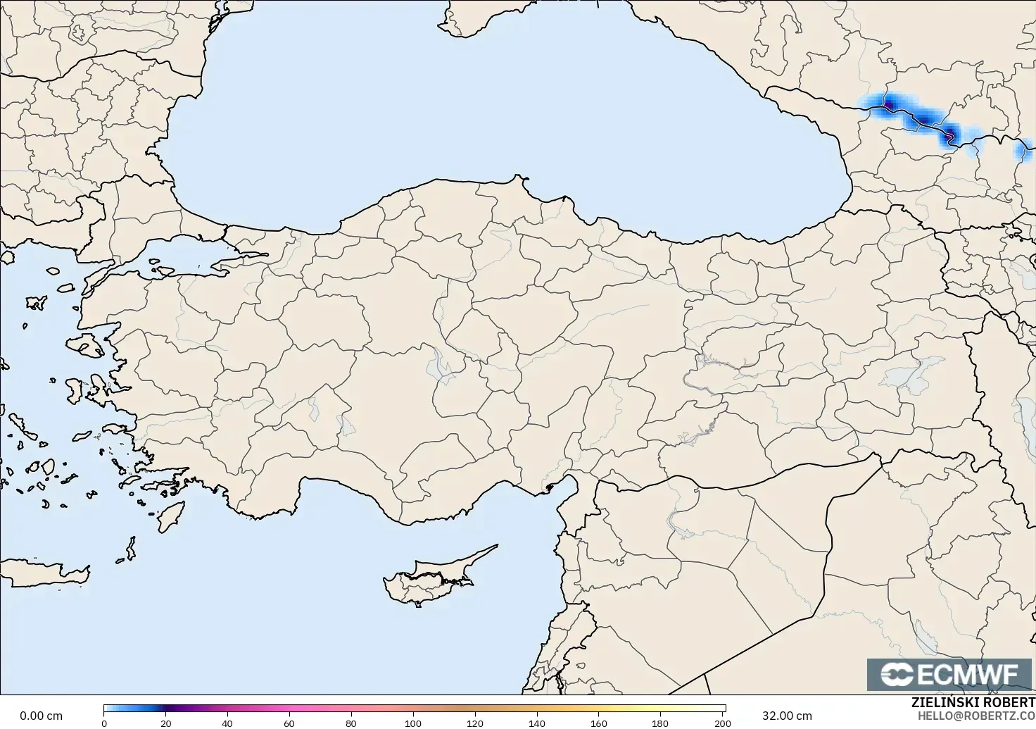 ECMWF IFS 0.25° modelo - Turquía, Profundidad de nieve