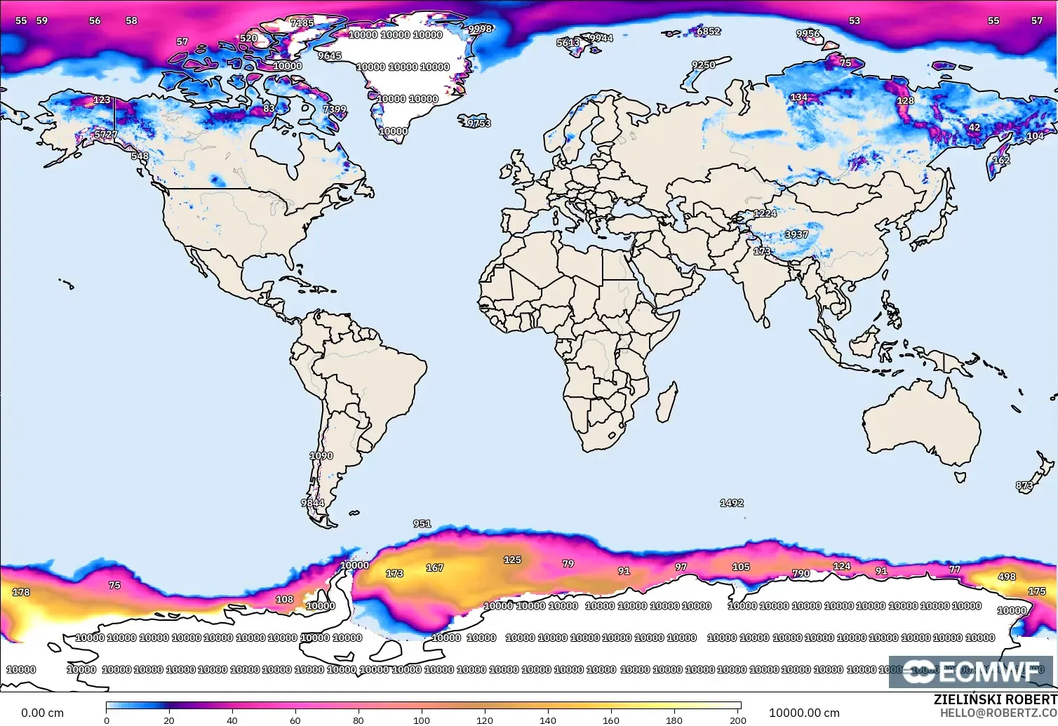 ECMWF IFS 0.25° modelo - Mundo, Profundidad de nieve