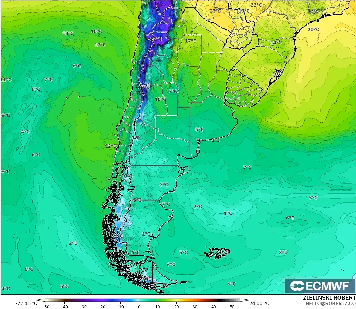 ECMWF IFS 0.25° modelo - Argentina, Punto de rocío a 2 m
