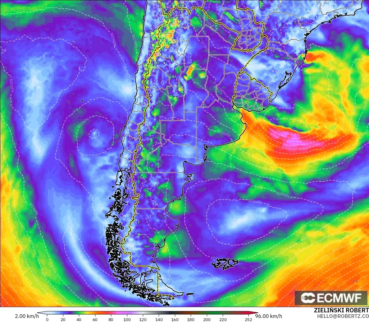 ECMWF IFS 0.25° modelo - Argentina, Ráfagas de viento