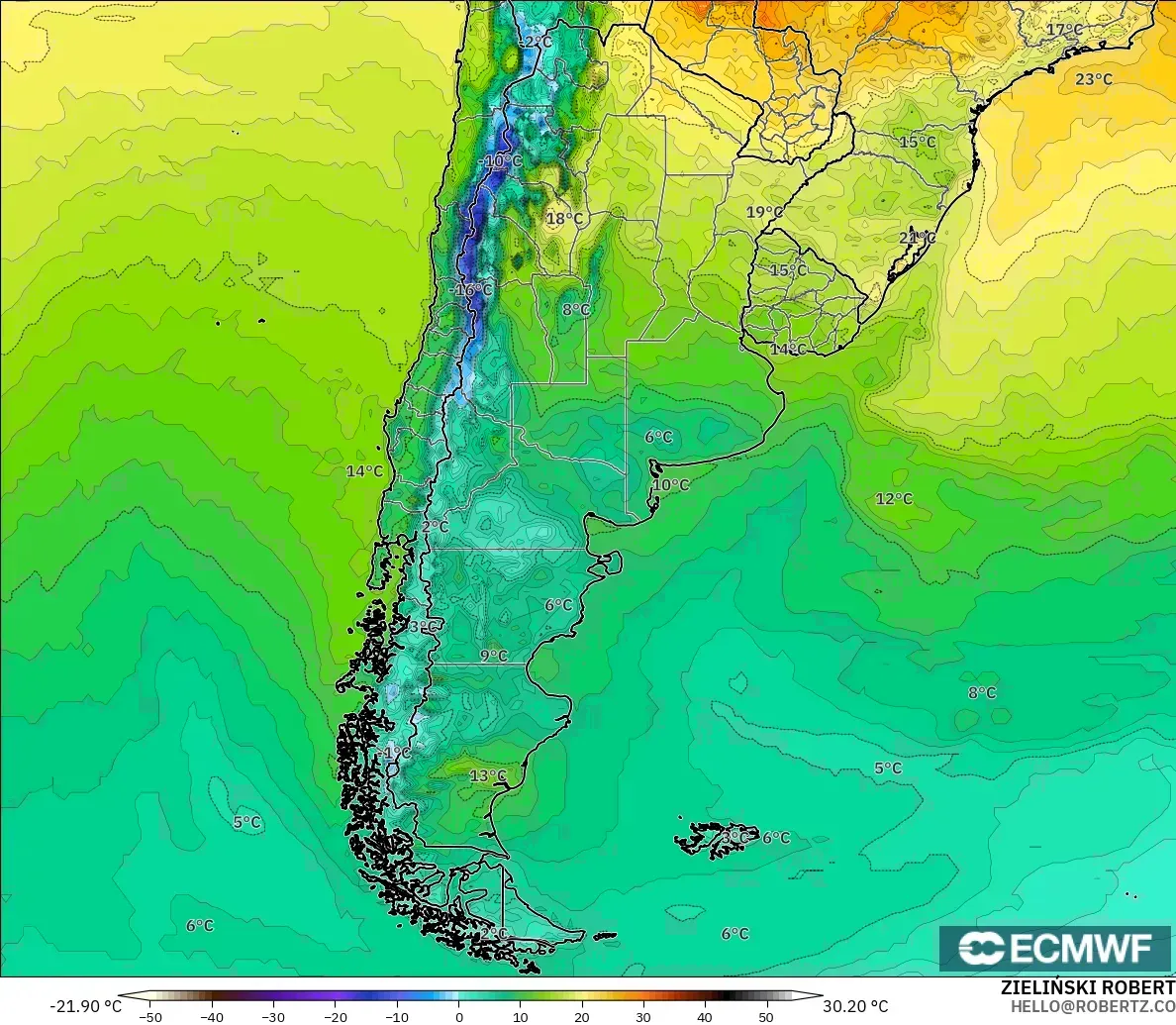 ECMWF IFS 0.25° modelo - Argentina, Temperatura a 2 m
