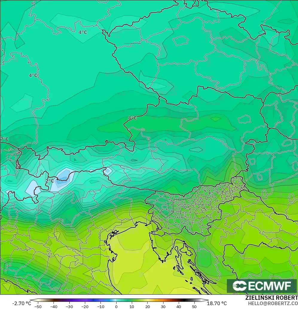 ECMWF IFS 0.25° modelo - Austria, Punto de rocío a 2 m
