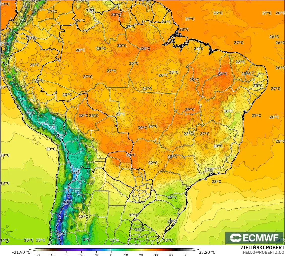 ECMWF IFS 0.25° modelo - Brasil, Temperatura a 2 m