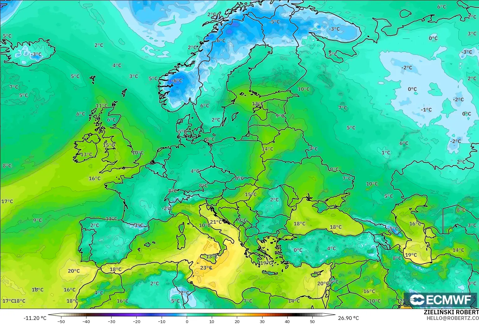 ECMWF IFS 0.25° modelo - Europa, Punto de rocío a 2 m