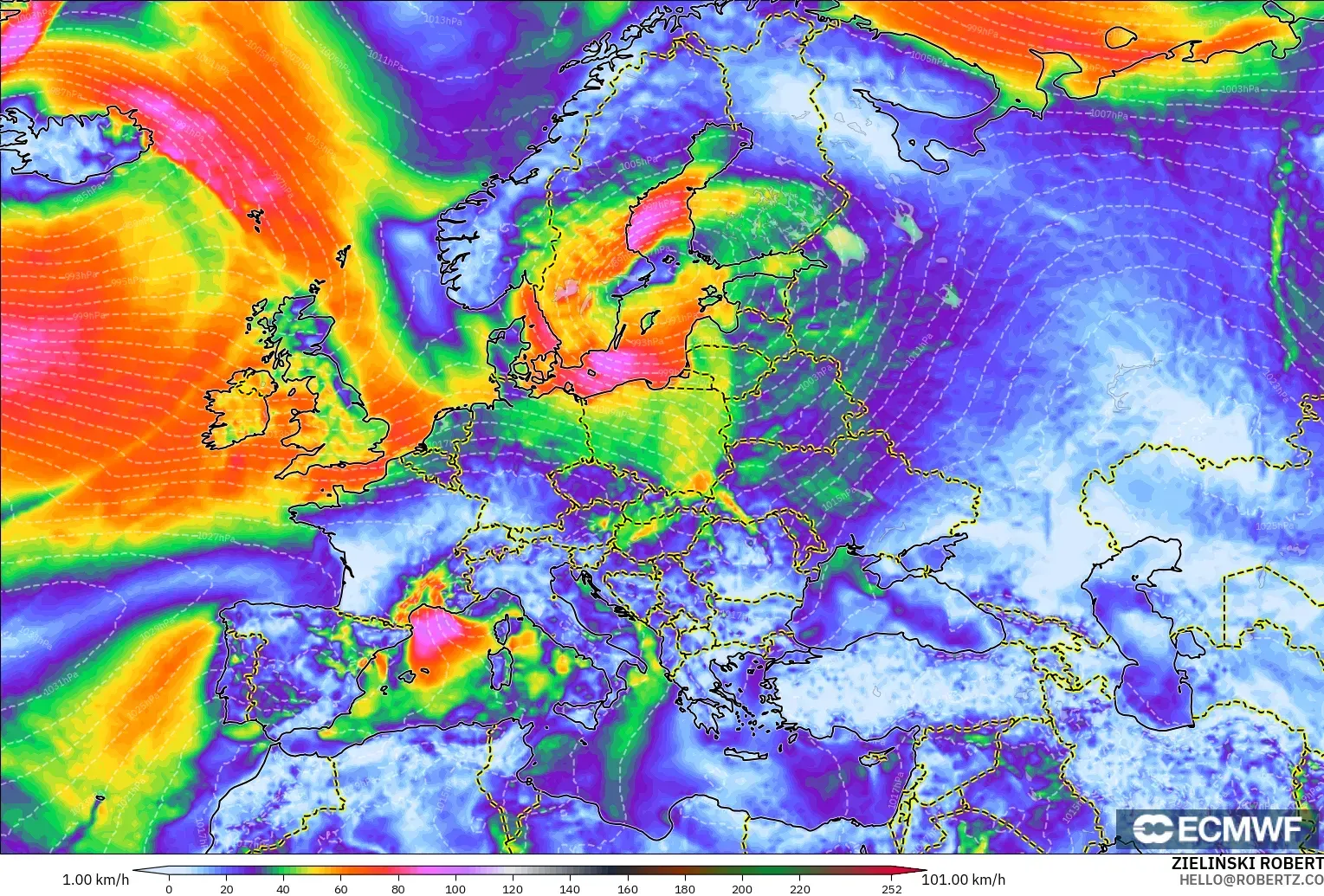 ECMWF IFS 0.25° modelo - Europa, Ráfagas de Viento Máximas