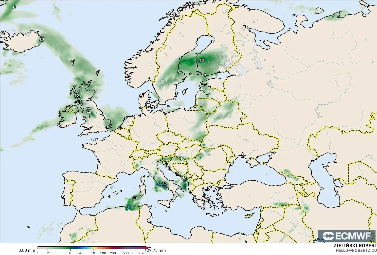 ECMWF IFS 0.25° modelo - Europa, Acumulación de precipitación