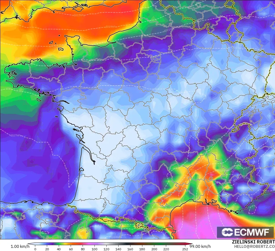 ECMWF IFS 0.25° modelo - Francia, Ráfagas de Viento Máximas