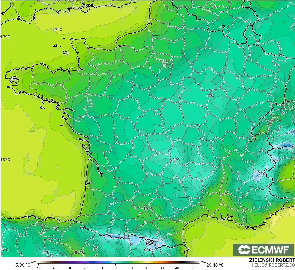 ECMWF IFS 0.25° modelo - Francia, Temperatura a 2 m