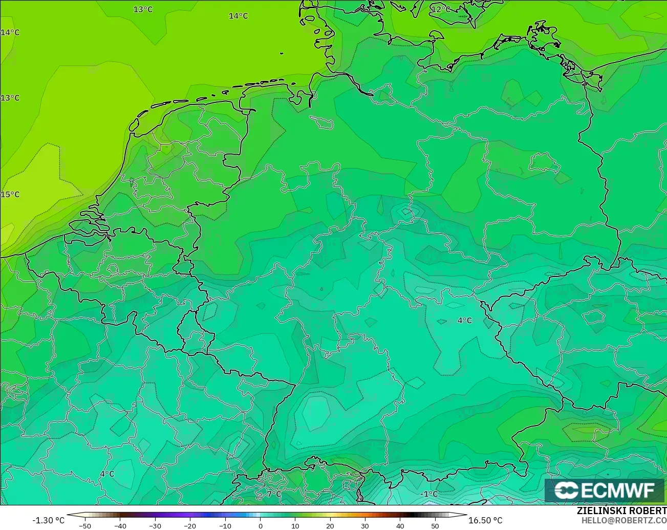 ECMWF IFS 0.25° modelo - Alemania, Temperatura a 2 m