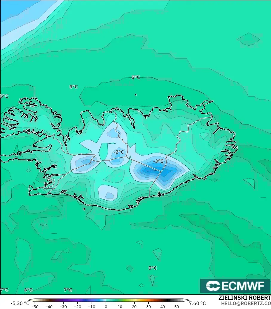 ECMWF IFS 0.25° modelo - Islandia, Punto de rocío a 2 m