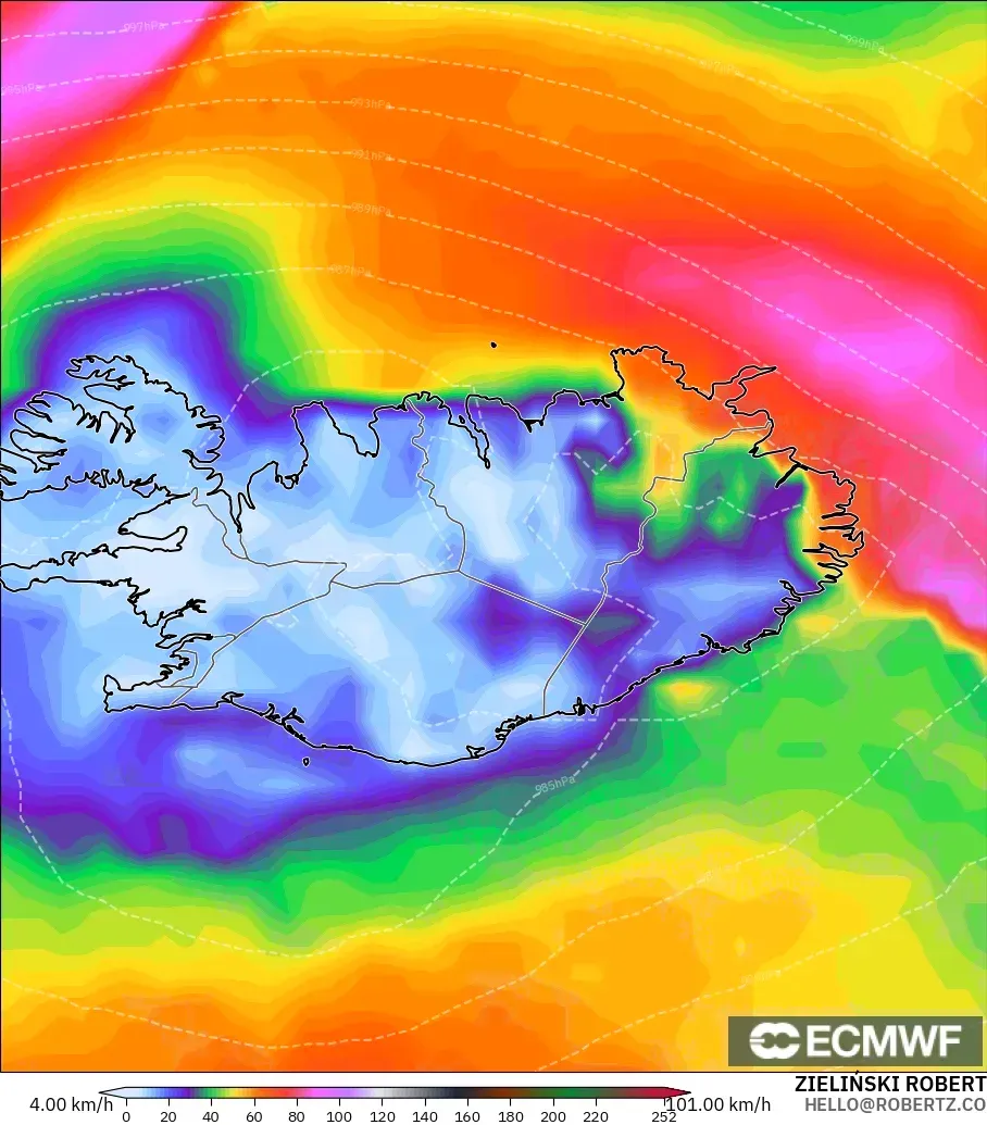 ECMWF IFS 0.25° modelo - Islandia, Ráfagas de viento