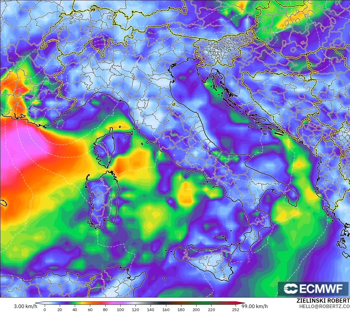 ECMWF IFS 0.25° modelo - Italia, Ráfagas de viento