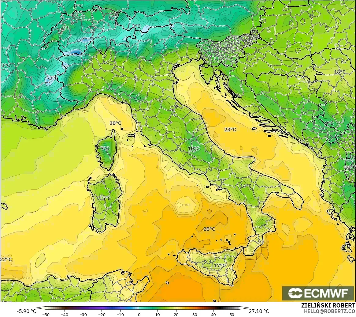 ECMWF IFS 0.25° modelo - Italia, Temperatura a 2 m