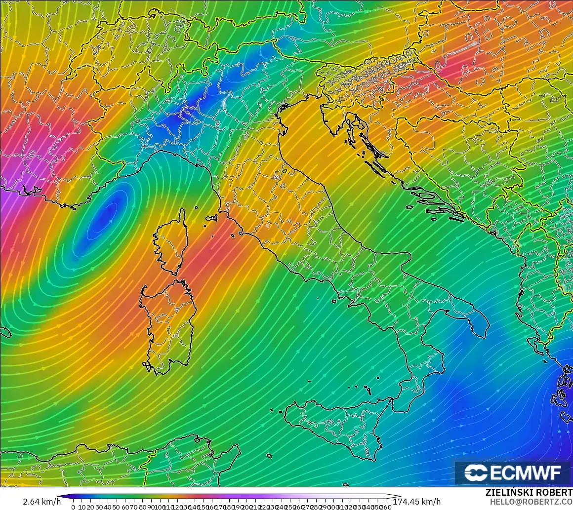 ECMWF IFS 0.25° modelo - Italia, Viento a 300 hPa (corriente en chorro)