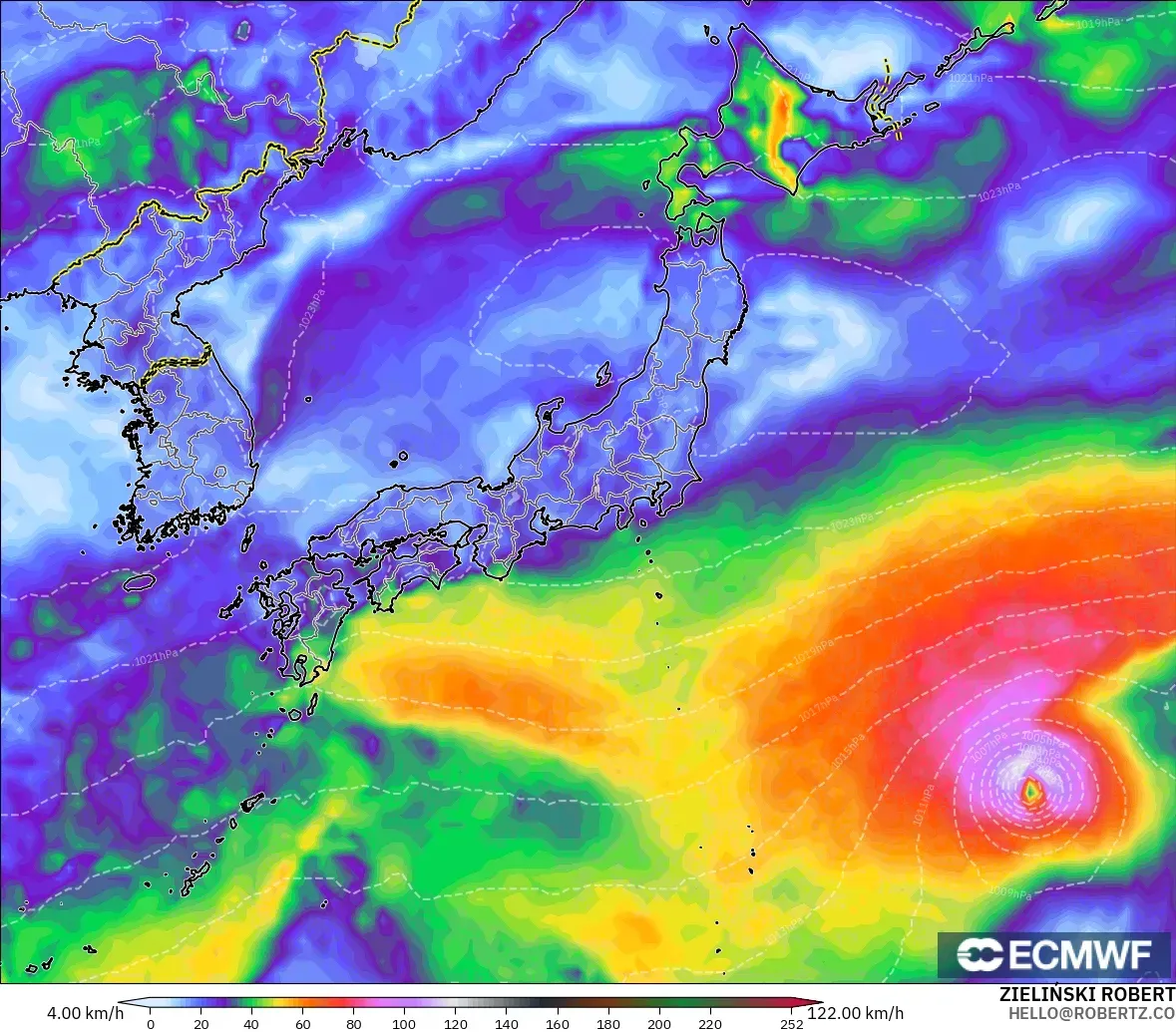 ECMWF IFS 0.25° modelo - Japón, Ráfagas de viento