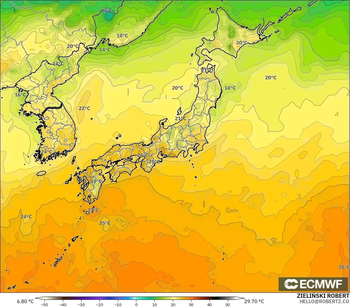 ECMWF IFS 0.25° modelo - Japón, Temperatura a 2 m