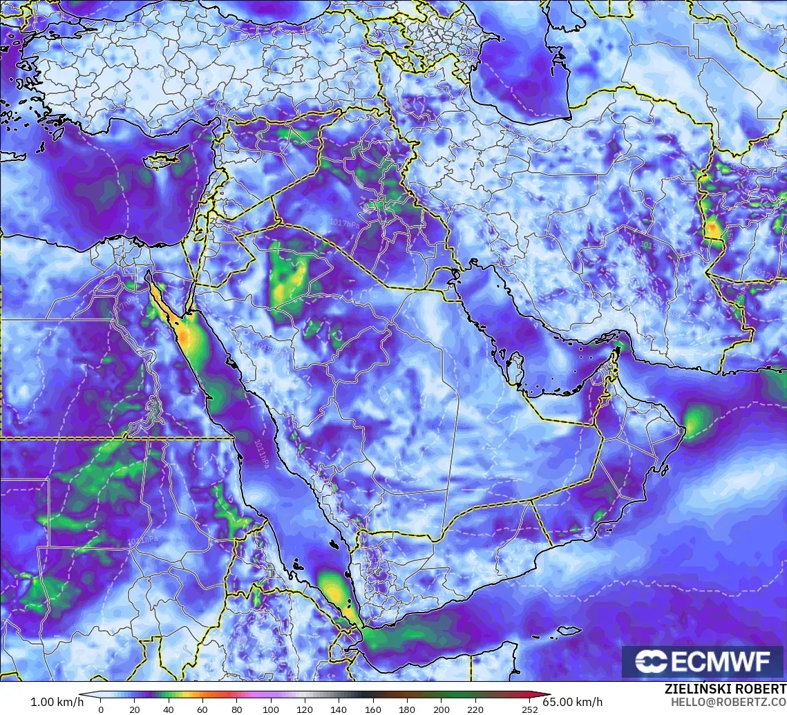ECMWF IFS 0.25° modelo - Oriente Medio, Ráfagas de Viento Máximas