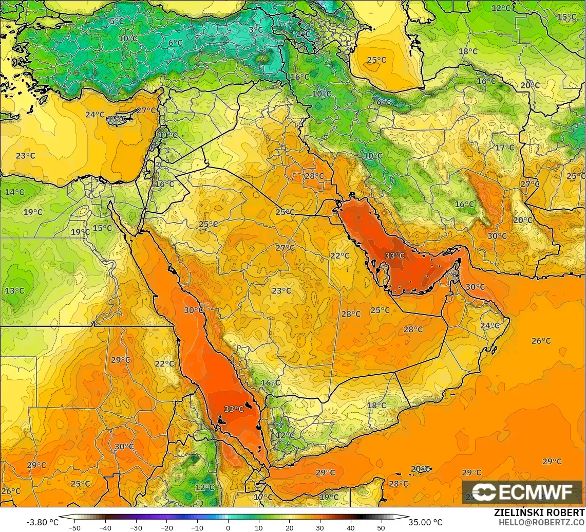 ECMWF IFS 0.25° modelo - Oriente Medio, Temperatura a 2 m