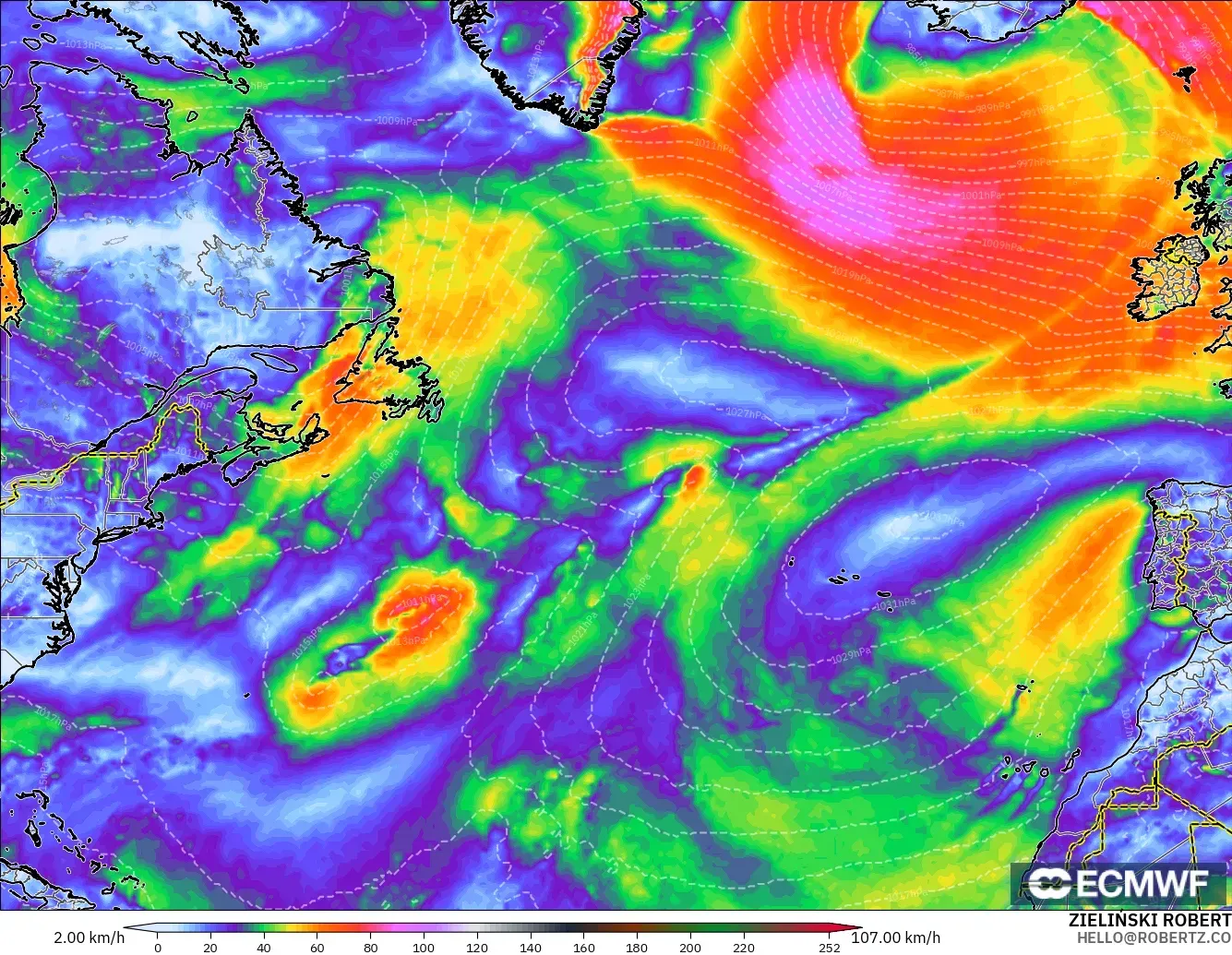 ECMWF IFS 0.25° modelo - Norte Atlántico, Ráfagas de viento