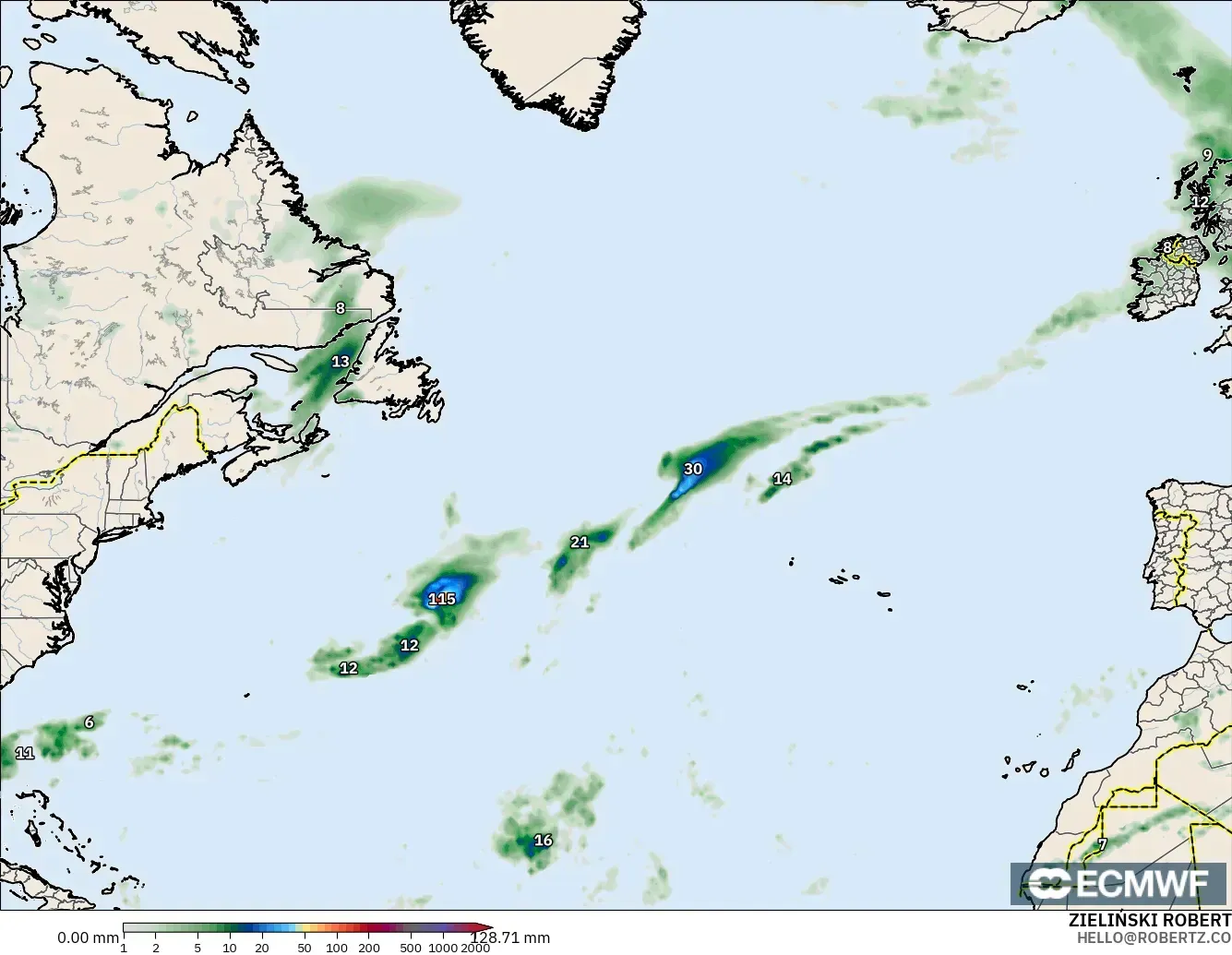 ECMWF IFS 0.25° modelo - Norte Atlántico, Acumulación de precipitación